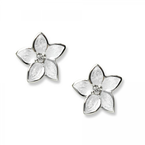 Silver enamel and white sapphire Stephanotis stud earrings