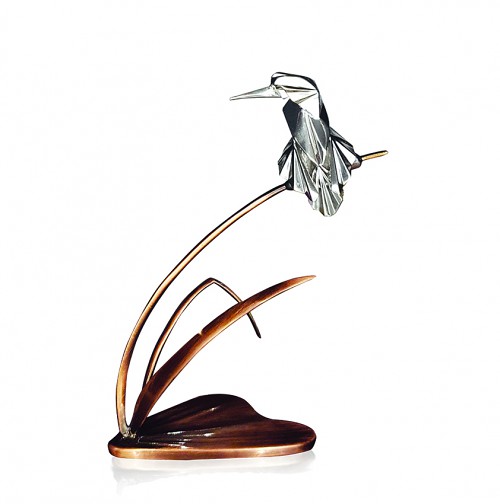 Silver kingfisher on bronze bullrush