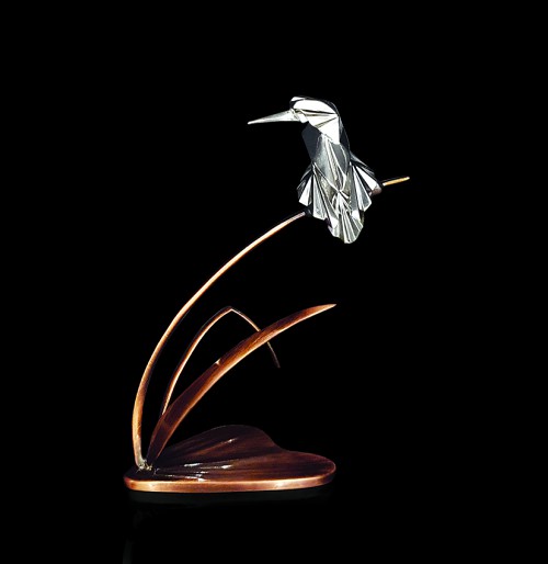 Silver kingfisher on bronze bullrush