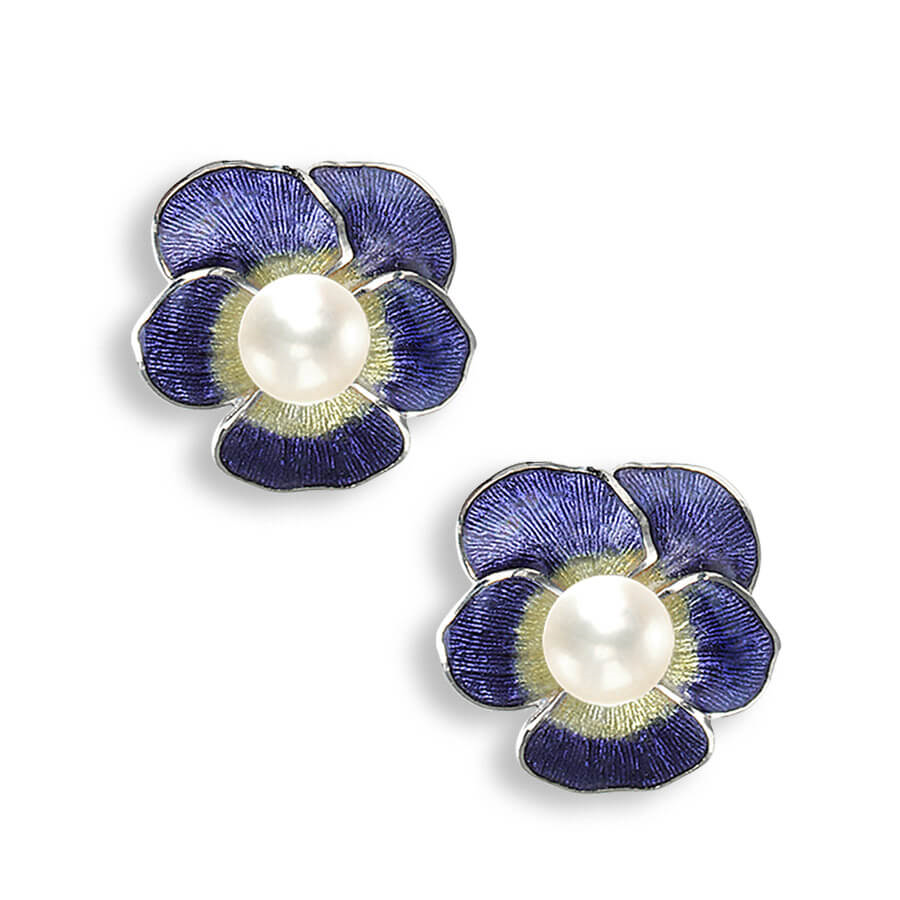 Silver enamel & pearl pansy stud earrings Clement White