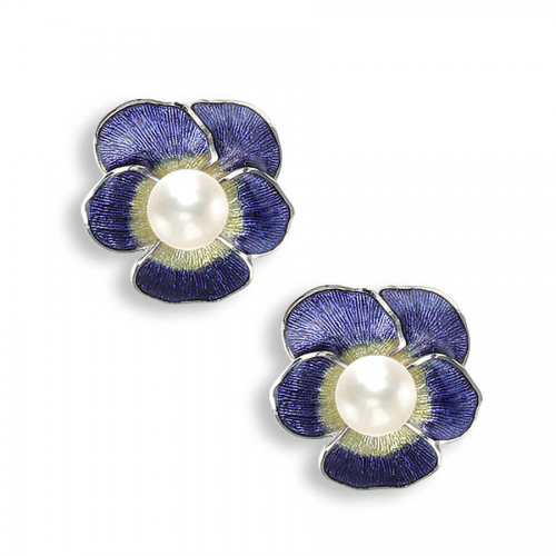 Silver enamel & pearl pansy stud earrings