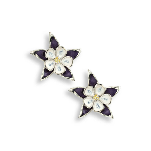 Silver enamelled purple Columbine stud earrings