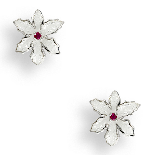 Silver enamelled Poinsetta stud earrings